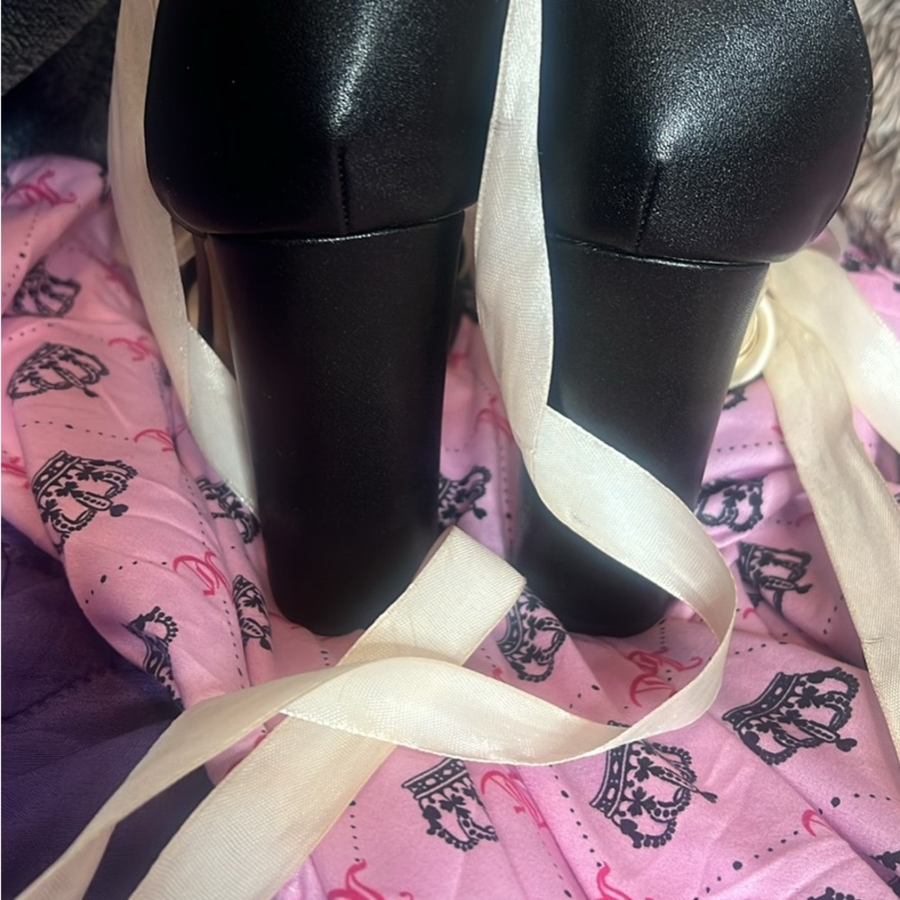 SHEIN Black Heels with Cream Ribbon Accent